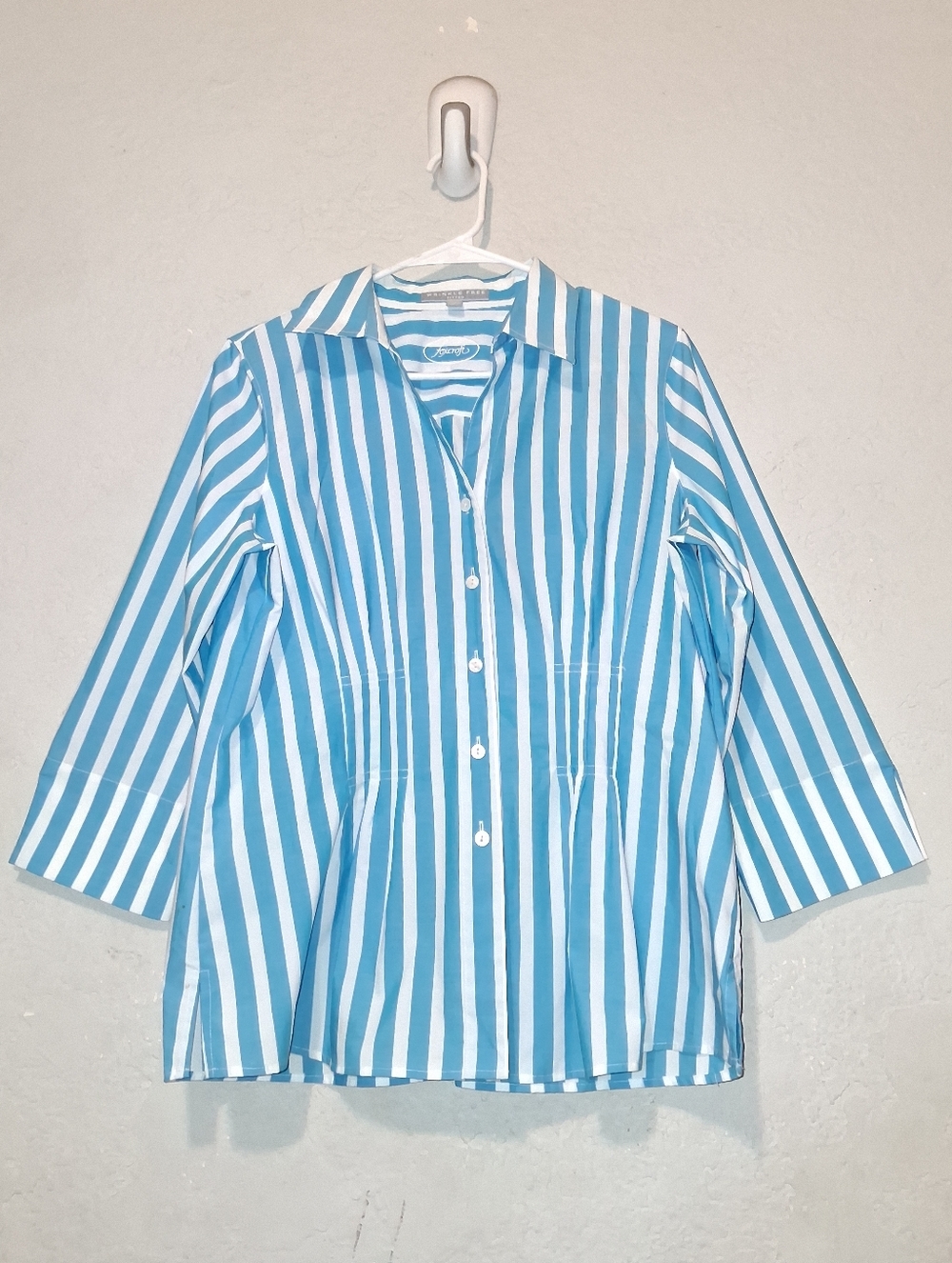 Foxcroft Wrinkle Free Fit Shirt Button Down‎ 3/4 Sleeve Striped Blue/White Sz10